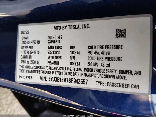 5YJ3E1EA7SF943657 Tesla MODEL 3