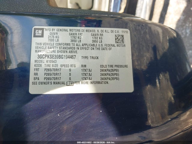 2011 Chevrolet Silverado 1500 Lt მანქანა იყიდება აუქციონზე, vin: 3GCPKSE39BG194467, აუქციონის ნომერი: 45231652