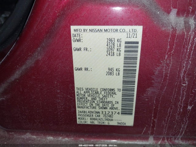 Auction sale of the 2022 Nissan Altima Sv Fwd, vin: 1N4BL4DV3NN312374, lot number: 45231659