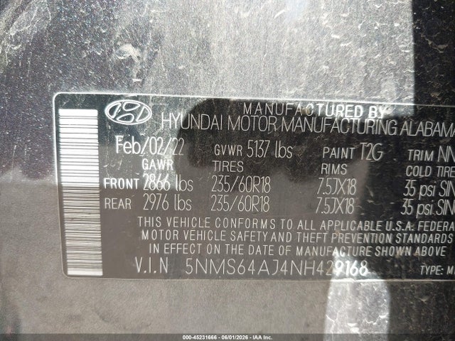 2022 Hyundai Santa Fe Xrt მანქანა იყიდება აუქციონზე, vin: 5NMS64AJ4NH429168, აუქციონის ნომერი: 45231666
