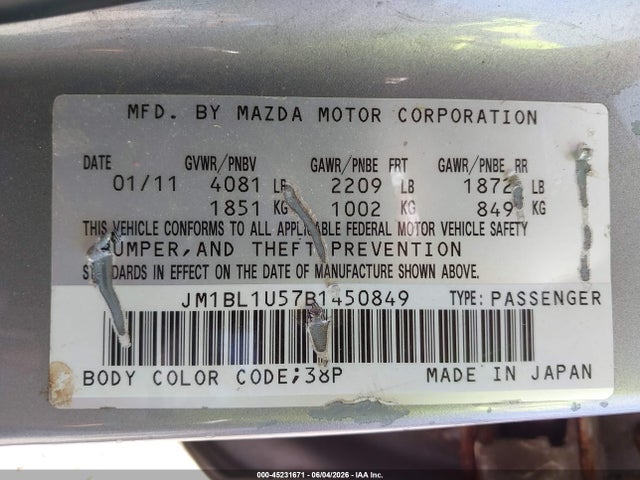 Aukcja sprzedaży 2011 Mazda Mazda3 S Sport, vin: JM1BL1U57B1450849, numer aukcji: 45231671