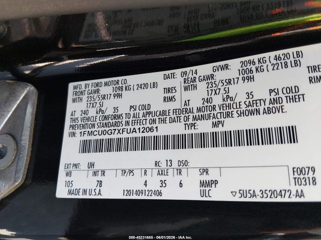 2015 Ford Escape Se მანქანა იყიდება აუქციონზე, vin: 1FMCU0G7XFUA12061, აუქციონის ნომერი: 45231685