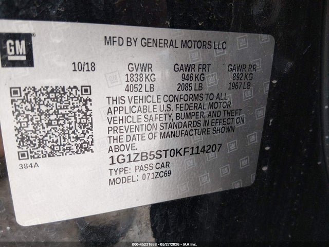 Продаж на аукціоні авто 2019 Chevrolet Malibu 1ls, vin: 1G1ZB5ST0KF114207, номер лоту: 45231688
