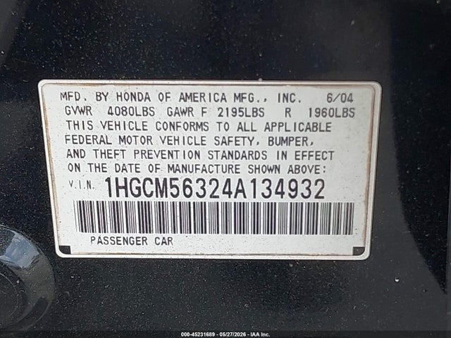 Продажа на аукционе авто 2004 Honda Accord 2.4 Lx, vin: 1HGCM56324A134932, номер лота: 45231689
