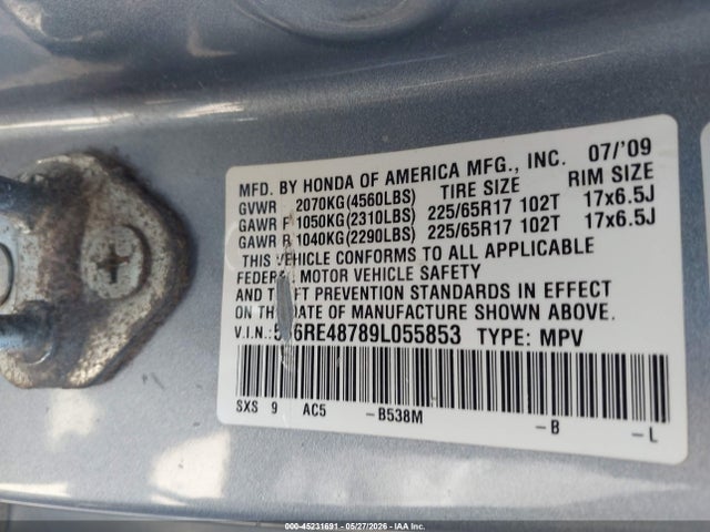 45231691 :رقم المزاد ، 5J6RE48789L055853 vin ، 2009 Honda Cr-v Ex-l مزاد بيع