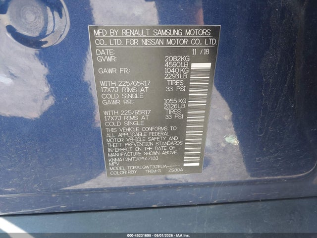 2019 Nissan Rogue Sv მანქანა იყიდება აუქციონზე, vin: KNMAT2MT1KP517183, აუქციონის ნომერი: 45231695