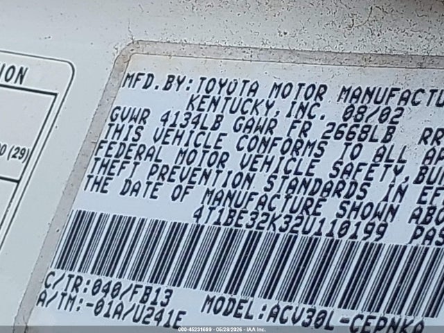 Продажа на аукционе авто 2002 Toyota Camry Le/xle/se, vin: 4T1BE32K32U110199, номер лота: 45231699