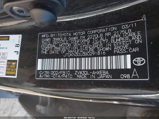 45231705 :رقم المزاد ، JTDKN3DU3B0291816 vin ، 2011 Toyota Prius Three مزاد بيع