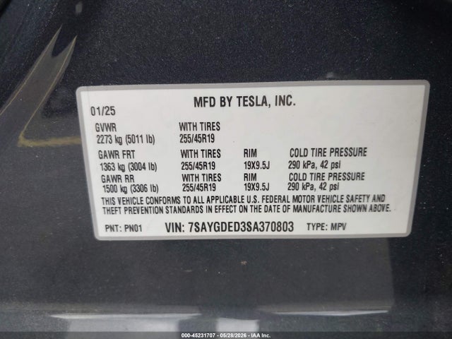 Aukcja sprzedaży 2025 Tesla Model Y Long Range Dual Motor Rear-wheel Drive, vin: 7SAYGDED3SA370803, numer aukcji: 45231707