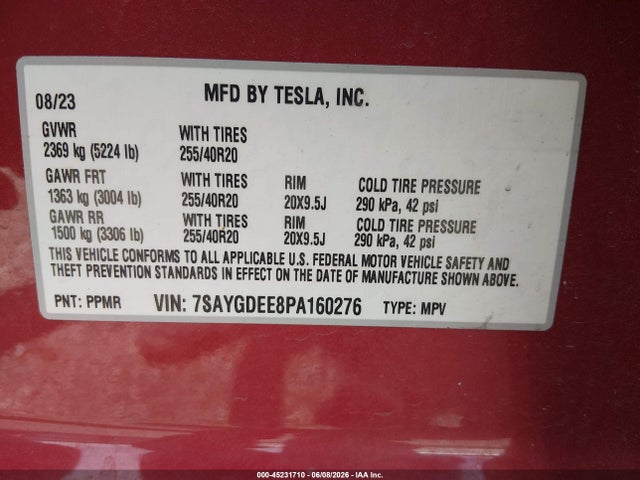 Продаж на аукціоні авто 2023 Tesla Model Y Awd/long Range Dual Motor All-wheel Drive, vin: 7SAYGDEE8PA160276, номер лоту: 45231710