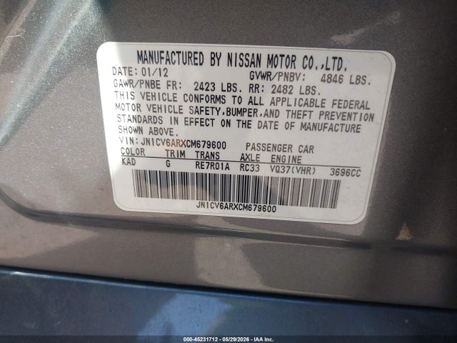 Aukcja sprzedaży 2012 Infiniti G37x, vin: JN1CV6ARXCM679600, numer aukcji: 45231712