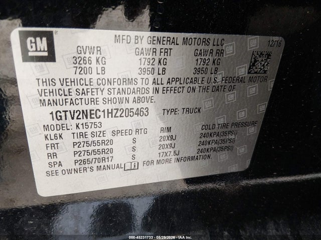 2017 Gmc Sierra 1500 Slt მანქანა იყიდება აუქციონზე, vin: 1GTV2NEC1HZ205463, აუქციონის ნომერი: 45231733