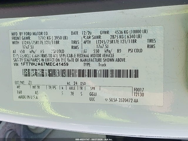 Продаж на аукціоні авто 2021 Ford F-250 Xl, vin: 1FT7W2A67MEC41459, номер лоту: 45231747