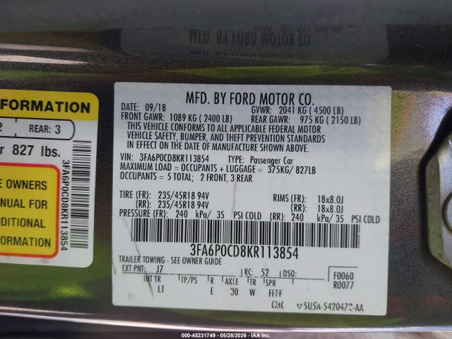 Aukcja sprzedaży 2019 Ford Fusion Sel, vin: 3FA6P0CD8KR113854, numer aukcji: 45231749