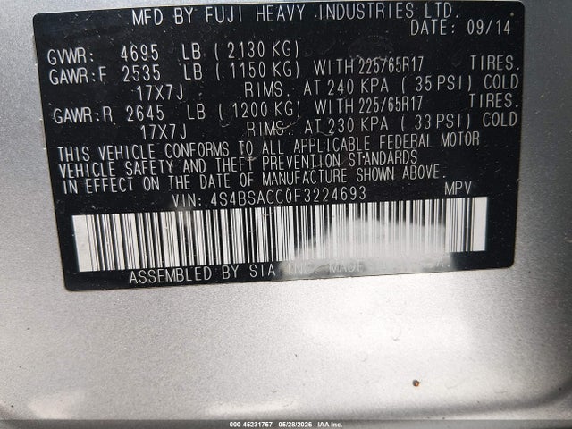 Aukcja sprzedaży 2015 Subaru Outback 2.5i Premium, vin: 4S4BSACC0F3224693, numer aukcji: 45231757