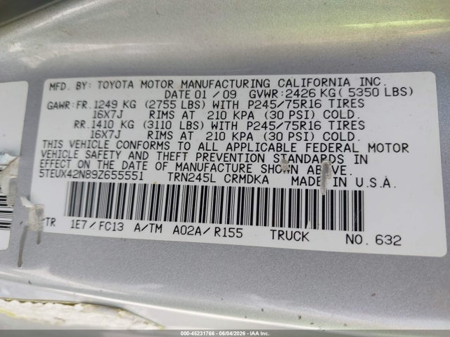 45231766 :رقم المزاد ، 5TEUX42N89Z655551 vin ، 2009 Toyota Tacoma مزاد بيع