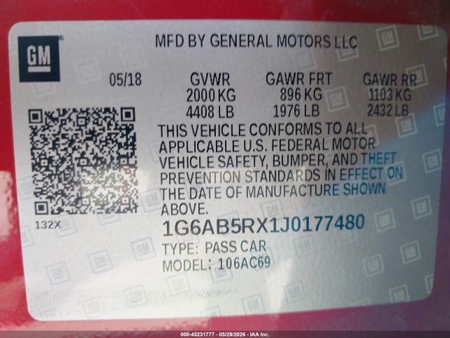 Aukcja sprzedaży 2018 Cadillac Ats Luxury, vin: 1G6AB5RX1J0177480, numer aukcji: 45231777