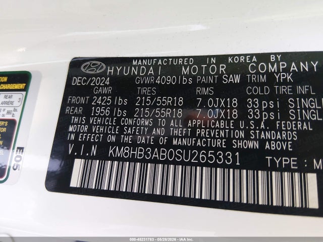 Aukcja sprzedaży 2025 Hyundai Kona Sel, vin: KM8HB3AB0SU265331, numer aukcji: 45231783