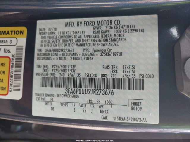 Ford Fusion Hybrid S 2018 3FA6P0UU2JR273676 Image 9
