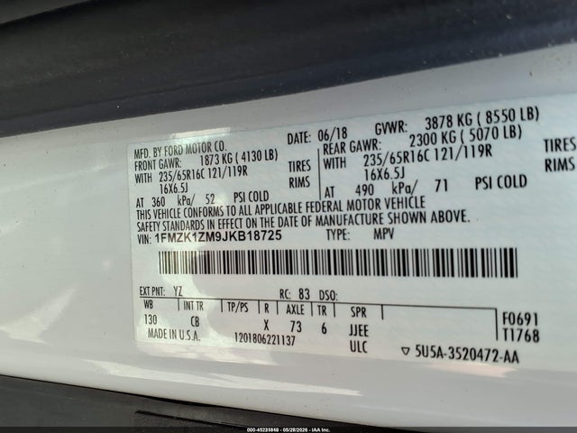 1FMZK1ZM9JKB18725 Ford Transit-150 Xl