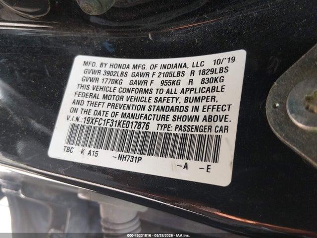 Aukcja sprzedaży 2019 Honda Civic Ex, vin: 19XFC1F31KE017876, numer aukcji: 45231816