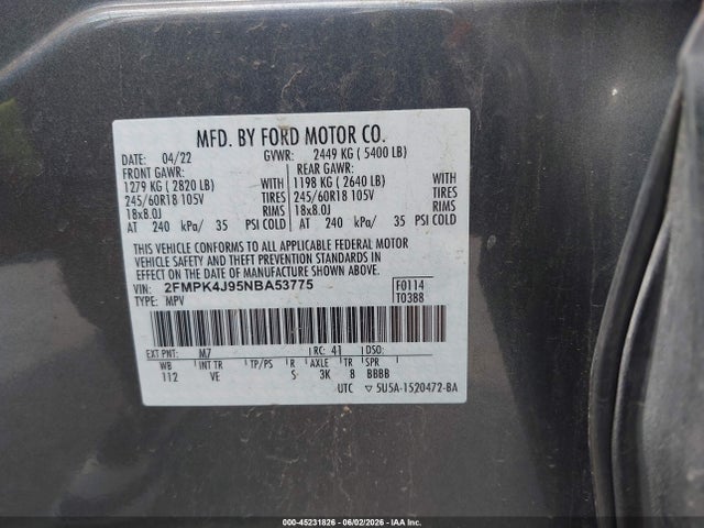 Aukcja sprzedaży 2022 Ford Edge Sel, vin: 2FMPK4J95NBA53775, numer aukcji: 45231826