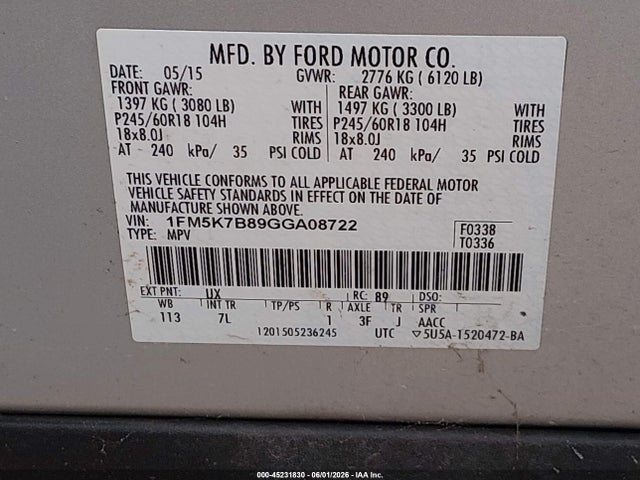 Aukcja sprzedaży 2016 Ford Explorer, vin: 1FM5K7B89GGA08722, numer aukcji: 45231830