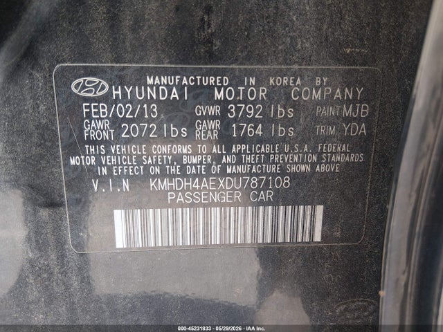 45231833 :رقم المزاد ، KMHDH4AEXDU787108 vin ، 2013 Hyundai Elantra Gls مزاد بيع