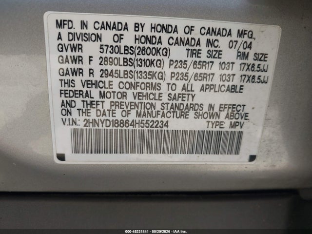 2004 Acura Mdx მანქანა იყიდება აუქციონზე, vin: 2HNYD18864H552234, აუქციონის ნომერი: 45231841