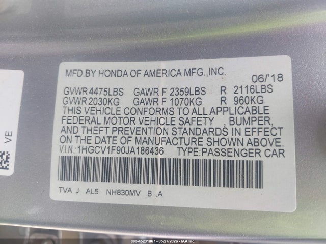 45231867 :رقم المزاد ، 1HGCV1F90JA186436 vin ، 2018 Honda Accord Touring مزاد بيع