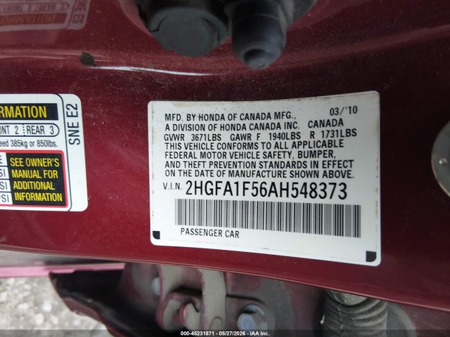 Продажа на аукционе авто 2010 Honda Civic Lx, vin: 2HGFA1F56AH548373, номер лота: 45231871