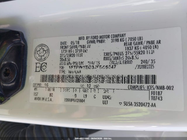 Aukcja sprzedaży 2018 Ford F-150 Platinum, vin: 1FTFW1EG3JFD06547, numer aukcji: 45231892