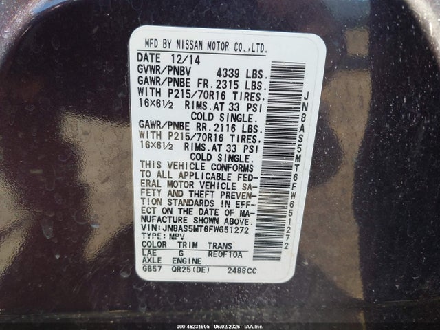 45231905 :رقم المزاد ، JN8AS5MT6FW651272 vin ، 2015 Nissan Rogue Select S مزاد بيع