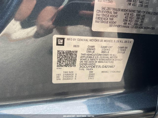 Aukcja sprzedaży 2020 Chevrolet Silverado 1500 4wd  Short Bed Lt, vin: 3GCUYDET7LG423467, numer aukcji: 45231907