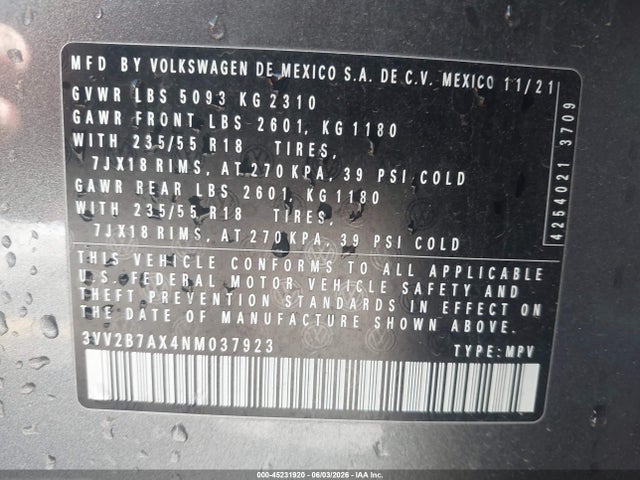 3VV2B7AX4NM037923 Volkswagen Tiguan 2.0t Se