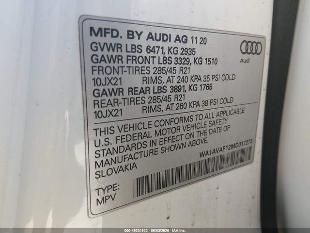 WA1AVAF12MD017273 Audi Q8 Premium 55 Tfsi Quattro Tiptronic