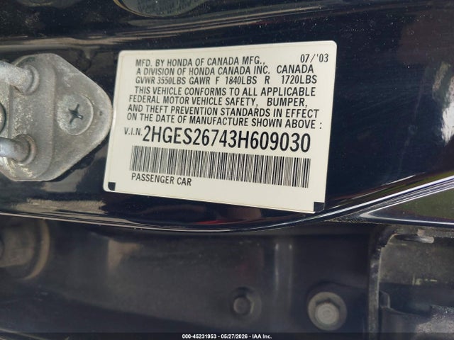 2003 Honda Civic Ex მანქანა იყიდება აუქციონზე, vin: 2HGES26743H609030, აუქციონის ნომერი: 45231953
