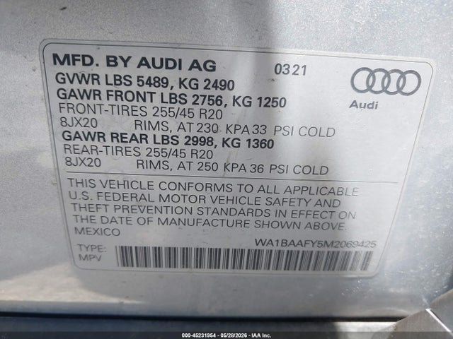 Продаж на аукціоні авто 2021 Audi Q5 Premium Plus 45 Tfsi Quattro S Tronic, vin: WA1BAAFY5M2069425, номер лоту: 45231954