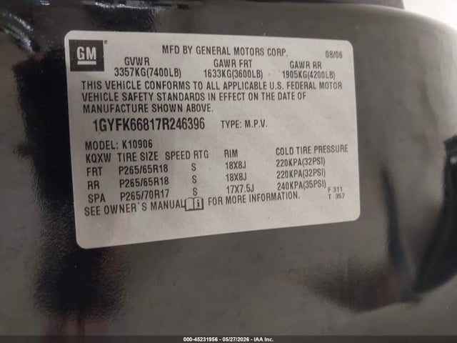 45231956 :رقم المزاد ، 1GYFK66817R246396 vin ، 2007 Cadillac Escalade Esv Standard مزاد بيع
