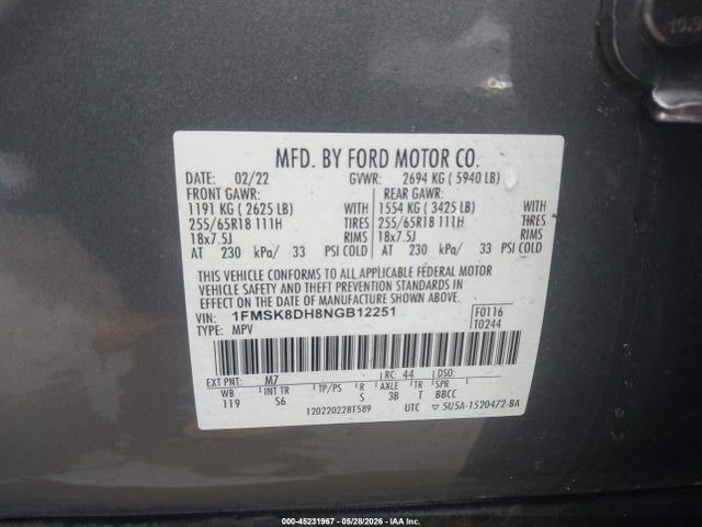Ford EXPLORER XLT 2022 1FMSK8DH8NGB12251 Image 9
