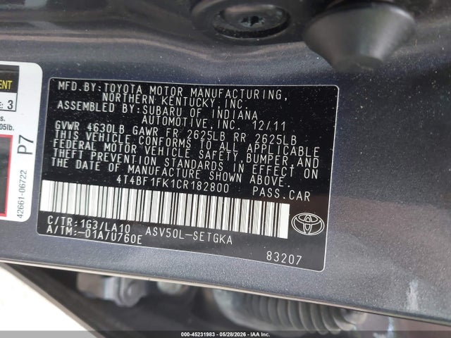 Aukcja sprzedaży 2012 Toyota Camry Xle, vin: 4T4BF1FK1CR182800, numer aukcji: 45231983