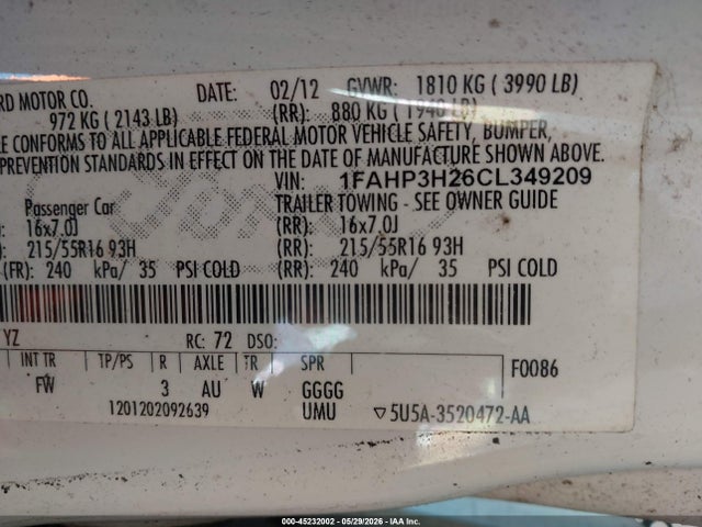 Продажа на аукционе авто 2012 Ford Focus Sel, vin: 1FAHP3H26CL349209, номер лота: 45232002