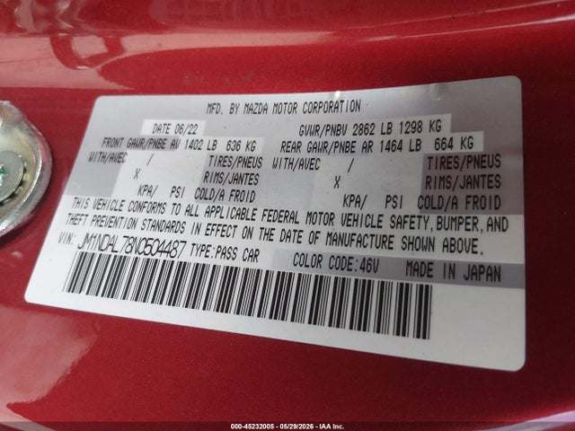 2022 Mazda Mx-5 Miata Rf Club მანქანა იყიდება აუქციონზე, vin: JM1NDAL78N0504487, აუქციონის ნომერი: 45232005