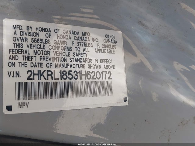 45232017 :رقم المزاد ، 2HKRL18531H620172 vin ، 2001 Honda Odyssey Lx مزاد بيع