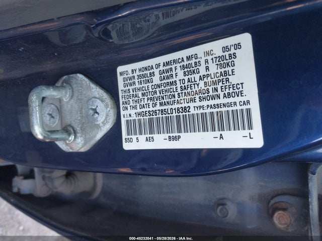 Aukcja sprzedaży 2005 Honda Civic Ex, vin: 1HGES26785L018382, numer aukcji: 45232041