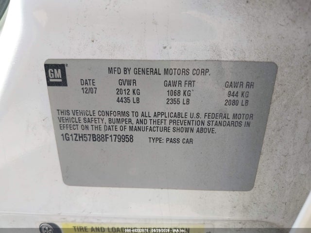 2008 Chevrolet Malibu Lt მანქანა იყიდება აუქციონზე, vin: 1G1ZH57B88F179958, აუქციონის ნომერი: 45232075