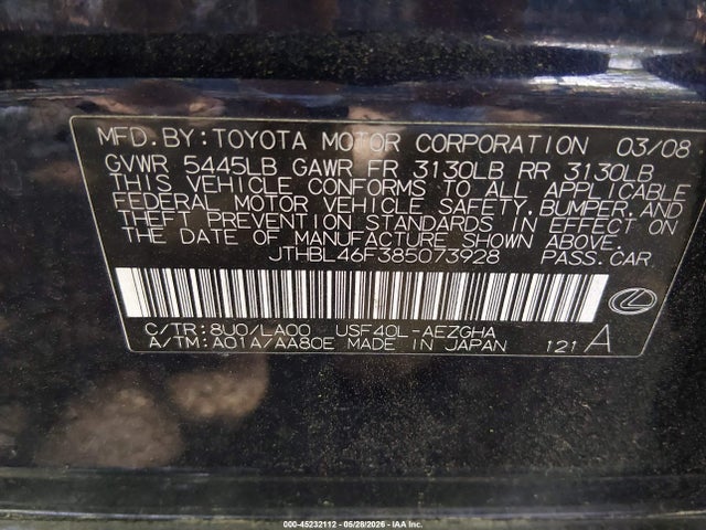 45232112 :رقم المزاد ، JTHBL46F385073928 vin ، 2008 Lexus Ls 460 مزاد بيع