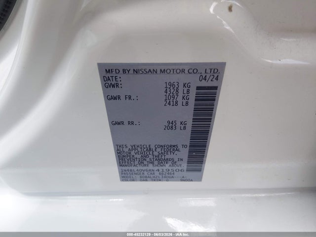 Продаж на аукціоні авто 2024 Nissan Altima Sv Fwd, vin: 1N4BL4DV6RN419506, номер лоту: 45232129