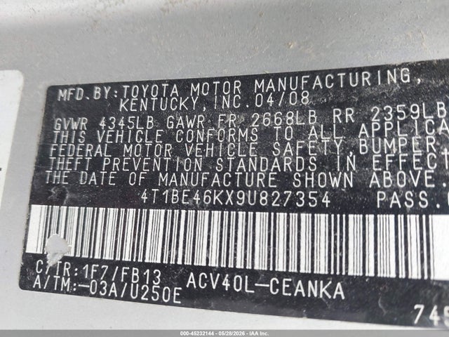 Продажа на аукционе авто 2009 Toyota Camry Le, vin: 4T1BE46KX9U827354, номер лота: 45232144