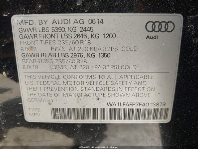 Продаж на аукціоні авто 2015 Audi Q5 2.0t Premium, vin: WA1LFAFP7FA013878, номер лоту: 45232145